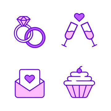 Wedding rings line vector icon, with birthday cakes, Love letter, maurtrriage tradition sign, champagne glass icon