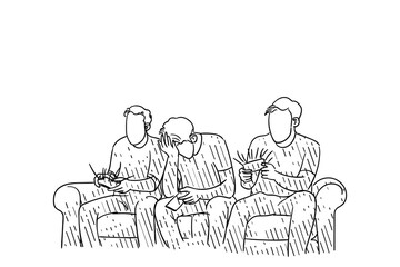 Hand drawn of three man playing mobile game together with joyful and happiness. Vector illustration design