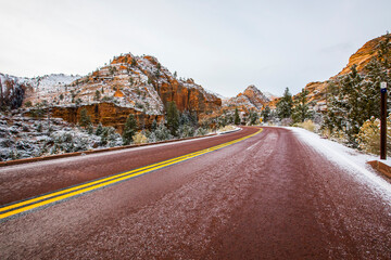 Fototapeta na wymiar Winter road in Zion National Park, United States of America