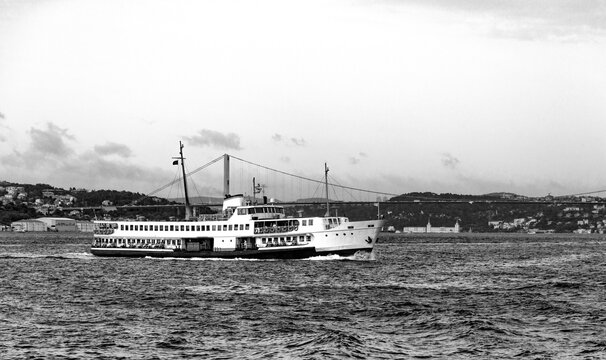 The ferry goes through the Bosphorus Strait. Istanbul, Turkey.