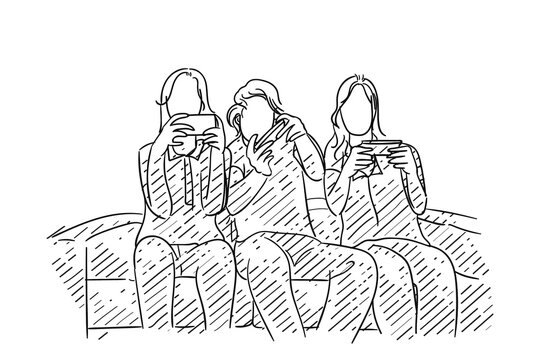 Hand drawn of three woman friends playing mobile game together in sofa. Concept of good time and hanging out for female. Vector illustration design