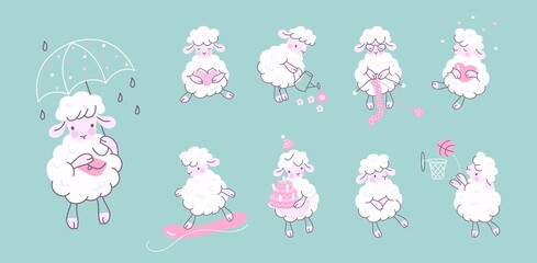 Adorable sheep set. Comic lambs, sheeps white wool characters. Cute animal read, relax, hold birthday cake. Funny nowaday nursery vector farm characters © MicroOne