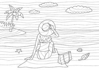 Vacation coloring sea coast graphic beach black white landscape sketch illustration vector