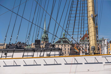 Rig details of the hostel af Chapman a full rigged sail ship and the old town Gamla Stan in back...
