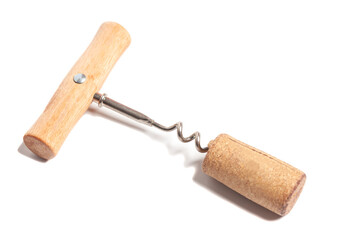 Cork on corkscrew isolated on white background