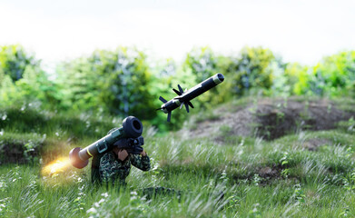 Soldier firing anti-tank missile at war