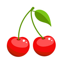 Vector cherry icon, illustration of two sweet cherries with leaf isolated of white background, summer red berry
