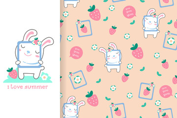 Seamless pattern with cute forest animals in bright colors. Cartoon japanese kawaii style for fabric, background. Vector illustration.