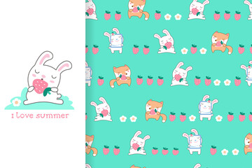 Seamless pattern with cute forest animals in bright colors. Cartoon japanese kawaii style for fabric, background. Vector illustration.