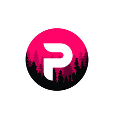 Letter P Logo with Pine Forest, in a trendy style. Isolated on a white background. Vector Illustration.