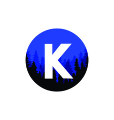 Letter K Logo with Pine Forest, in a trendy style. Isolated on a white background. Vector Illustration.