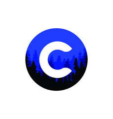 Letter C Logo with Pine Forest, in a trendy style. Isolated on a white background. Vector Illustration.