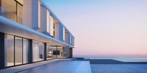 Fototapeta na wymiar Modern architecture with swimming pool and sea view in sunset.3d rendering