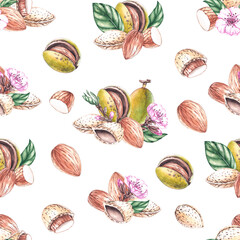 Watercolor pattern with almond nuts