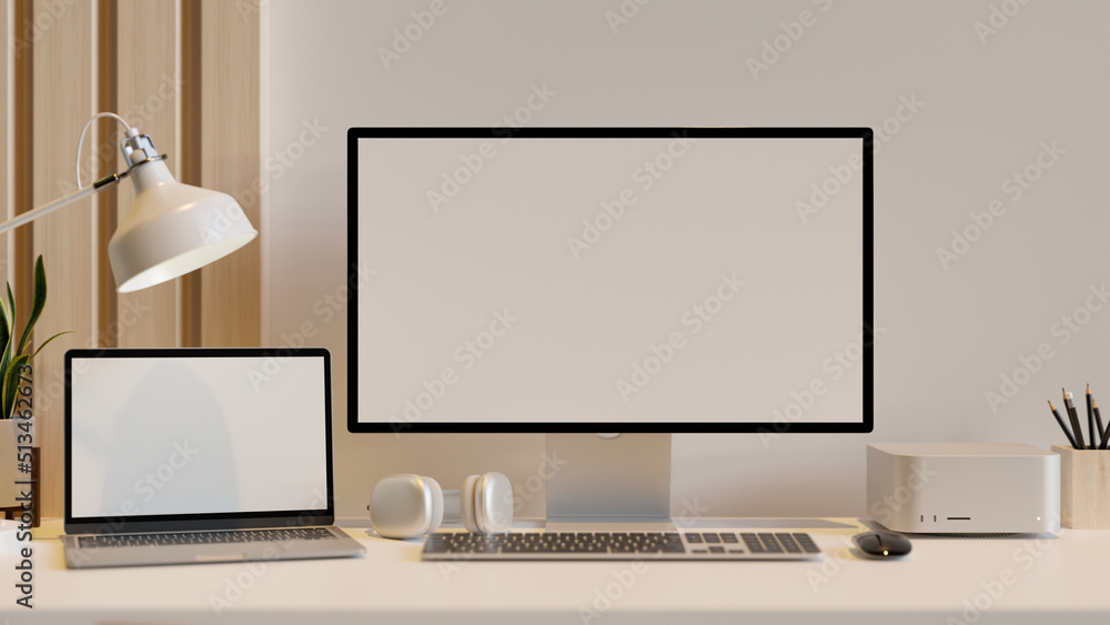 Canvas Prints modern office desk workspace with pc computer and notebook laptop mockup over white wall.