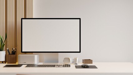 Minimal stylish modern workspace with PC computer mockup and office accessories on table.