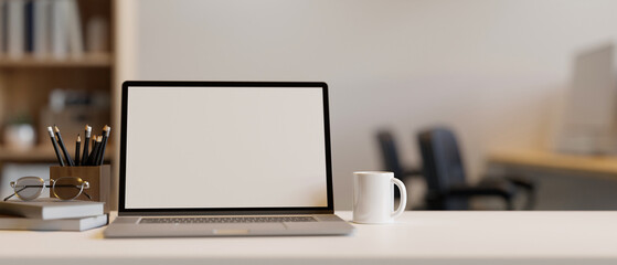 Modern office desk workspace tabletop with portable laptop mockup and stationery.