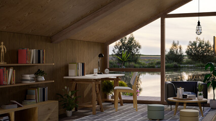 Modern Scandinavian wooden cottage interior design with triangle large window with lake view.