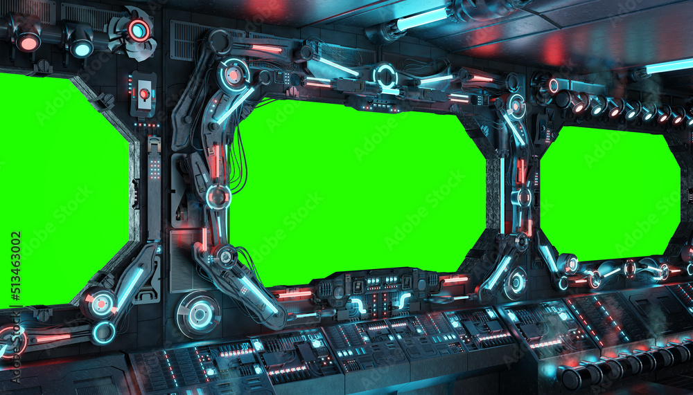 Aufkleber Dark spaceship interior with isolated window. Futuristic spacecraft with glowing blue and red control panels and empty view. 3D rendering