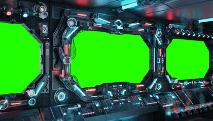 Dark spaceship interior with isolated window. Futuristic spacecraft with glowing blue and red control panels and empty view. 3D rendering © sdecoret