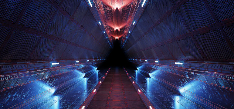 Futuristic interior corridor with blue red neon lights walls. Triangle shaped spaceship background in space station. Pyramid style tunnel with lit path way. Cyber room with laser. 3d rendering