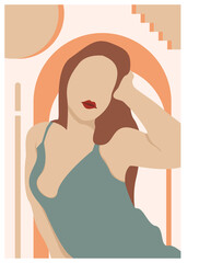 Sexy Woman poster exotic tropical houseplant in antique vases. woman illustration for poster, banner, placard, print, canvas in earth tone.