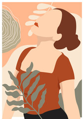 poster collection with African woman portrait, exotic tropical leaves on pastel background. Afro American woman illustration for poster, banner, placard, print, canvas in earth tone