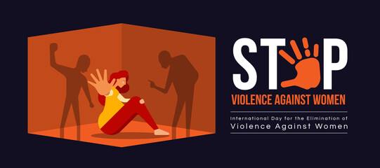 International Day for the Elimination of Violence Against Women - The woman sitting on the floor and raised her hand to defend herself from shadow human attacked vector design - obrazy, fototapety, plakaty