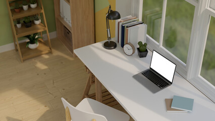 Minimal Scandinavian home office room interior with laptop mockup on table against the window