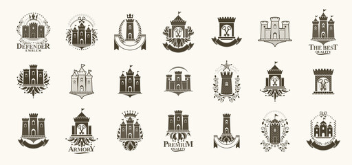 Castles logos big vector set, vintage heraldic fortresses emblems collection, classic style heraldry design elements, ancient forts and citadels.