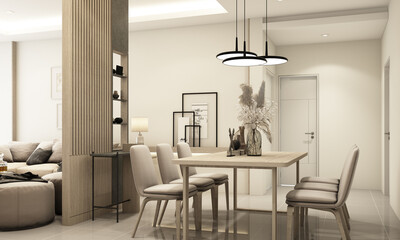 The dining room is decorated in a minimalist style. White wood and marble dining table with a gray cloth dining chair and curtains on the windows and a TV on the wall decorated realistic 3d render