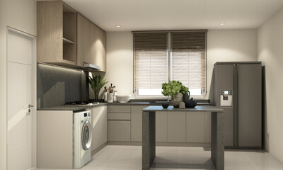 The kitchen is designed in minimalist style and made of wood material, with white countertops with hidden lights and a sink, stove and refrigerator on tile floors. 3d render