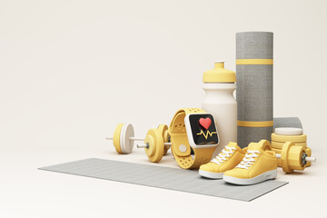3D render illustration, sport fitness equipment, male and female concept, yoga mat, bottle of water, dumbbells, weights, with Fitness shoes and pulse watches isolate on pastel background. 3d render - 513463613