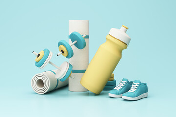 3D render illustration, sport fitness equipment, male and female concept, yoga mat, bottle of water, dumbbells, weights, with Fitness shoes and isolate on pastel background. 3d render - 513463615
