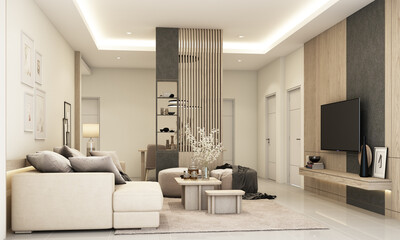 A living room designed in a minimalist style. With warm tones and wooden materials, on tile floors, TV cabinets and gray fabric sofas with coffee table and wooden blinds on the windows. 3d render