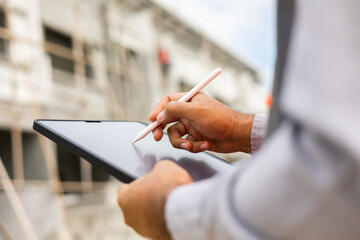 Close up hand engineer Using tablet for checking and maintenance to inspection at modern home...