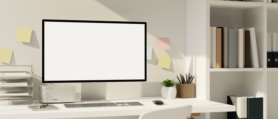 Modern white workspace interior, PC desktop computer mockup on a white office desk