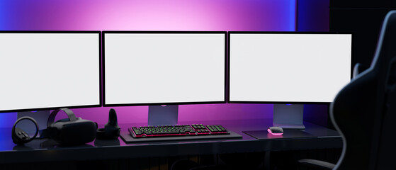 Modern gamer computer desk setup with RGB lights, 3 desktop computer mockup - obrazy, fototapety, plakaty