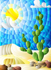 The illustration in stained glass style painting with desert landscape, cactus in a lbackground of dunes, sky and sun