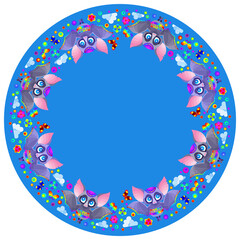 Fototapeta na wymiar Design of an ornament for a round product with bats and flowers, animals on a blue background