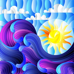 The illustration in stained glass style painting abstract landscape sea waves on the background of Sunny sky and clouds