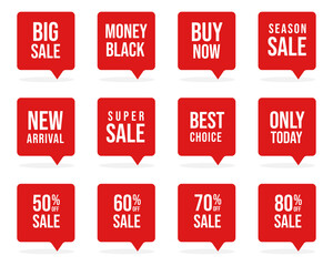 Set of red price tags. Promotional sale badge and retail paper stickers.