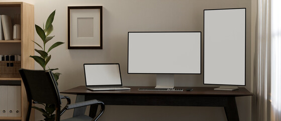 Professional modern programmer or tech engineer office desk interior with pc computer monitor