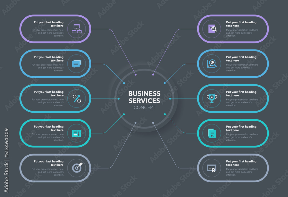 Aufkleber modern business services concept with ten stages - dark version. easy to use for your website or pre