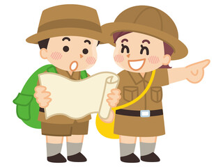 地図を覗き込む探検隊の子供　ボーイスカウト　冒険　アウトドア