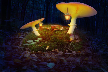 Fairytale bright meadow in a dark mysterious forest