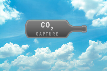 CO2 capture in gray bottle on blue sky and white cumulus clouds. Carbon capture and storage...