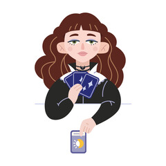 Beauty Fortune tellers, urban witch in Victorian dress, cartoon style. Girl lays out tarot cards on table. Witchcraft and supernatural powers. Trendy modern vector illustration isolated