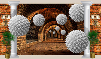 Interior. Brick wall with balls. 3d Image.