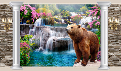 Illustration bears at the waterfall. The fresco. Wallpaper on the wall. © ART-poster